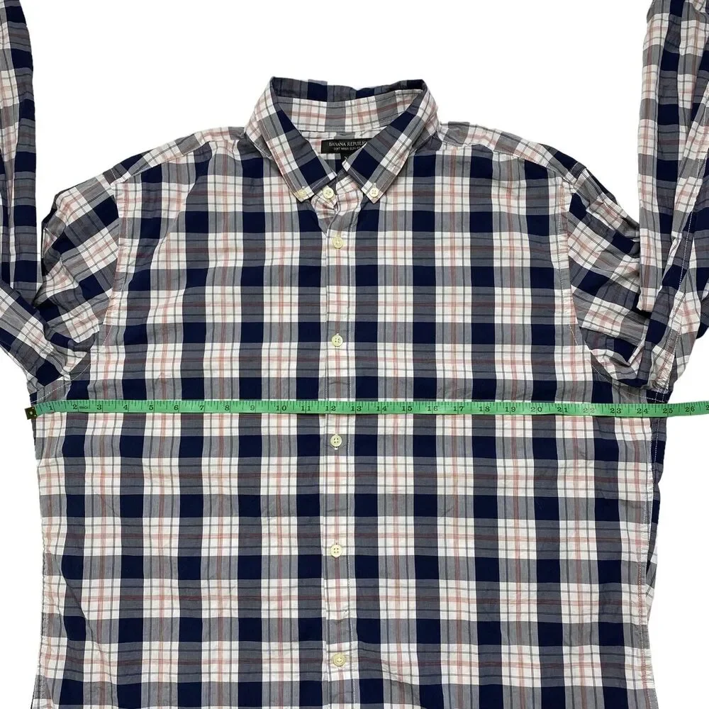 BANANA REPUBLIC Red White Blue Plaid Soft Wash Slim Fit Button Up Shirt XL Mens
